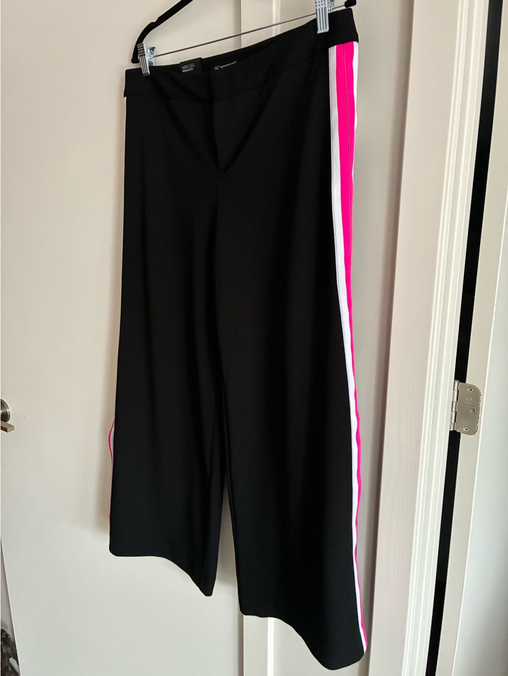 Black Wide-Leg Pants with Pink and White Side Stripe. Sporty slit on pants.